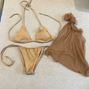 SHEIN Tan 3 Piece Triangle Cheeky Bikini With Cover Up NWOT